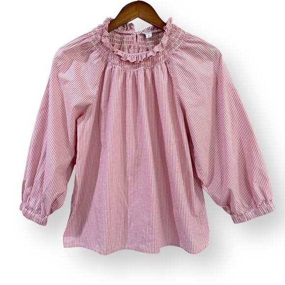 J. Crew Cotton Poplin Smocked Striped 3/4 Sleeve Top Small Pink White BM027 - Picture 2 of 11